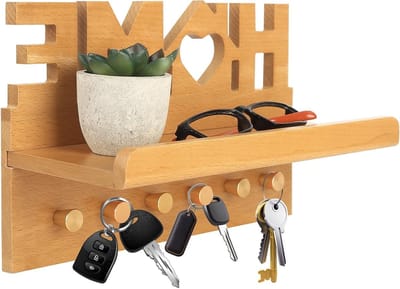 Houten Sleutelhanger voor aan de Muur met 6 Haken en Rustieke Plank voor Entree en Hal Decoratie