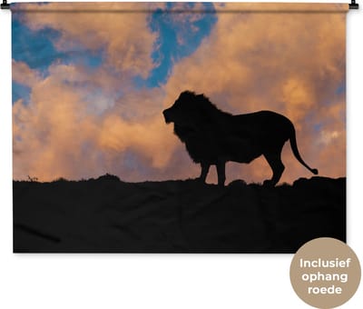 Wandkleed Leeuwen - Silhouet leeuw zonsondergang Wandkleed katoen 120x90 cm - Wandtapijt met foto