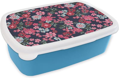 Broodtrommel Blauw - Lunchbox - Brooddoos - Bloemen - Flora - Roze - Bloesem - Patronen - 18x12x6 cm - Kinderen - Jongen