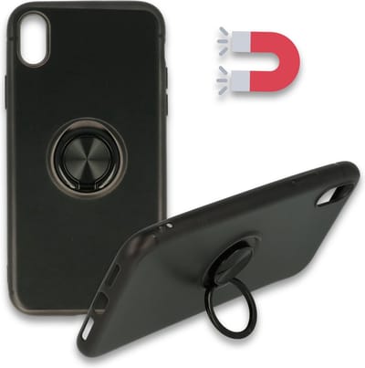 HB Hoesje Geschikt voor Apple iPhone XS Max - Zwart - Siliconen Back Cover met Ring Kickstand - Geschikt voor Magneet Houders