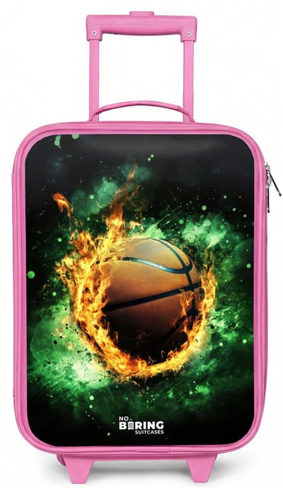 NoBoringSuitcases.com® - Kinderkoffer roze - Kindertrolley meisje - Basketbal in vlammen en explosieve energie - Koffer kind lichtgewicht - Reiskoffer trolley voor kinderen - Koffertje met lichtgevende wieltjes - Rolkoffer