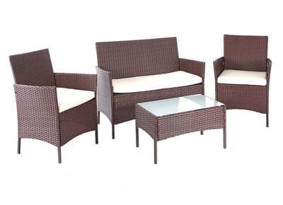 Poly-rattan tuinset MCW-D82, loungeset ~ bruin-gemotioneerd met crèmekleurige kussens