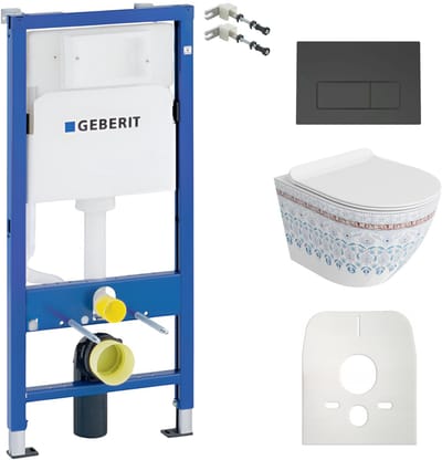 GEBERIT Duofix Basic Inbouwreservoir - SOFI SLIM FOLKLOR Wandcloset - Zwarte DELTA 25 Drukplaat - Soft-close