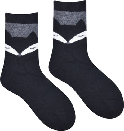 Wol Dames Sokken - Huissokken - Wandelsokken - zwart - leuke print vos - 36 - 40 - warm - cadeau voor haar - gift - geschenk - Kerstcadeau