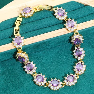 Europese en N Mode Klassieke Paarse Zirkonia Ketting Oorbellen Armband Ring Set Edelsteen Set Ketting Trouwjurk Ring gray