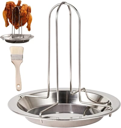 Roestvrijstalen kippengrill met olieborstel en hanghouder voor perfect gebraden kip, inclusief lekbak en geschikt voor oven en campingkooktoestellen
