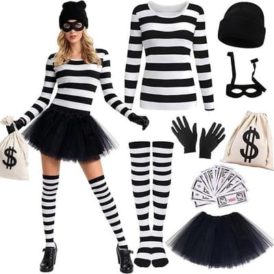 Daity 8-delige set - Cosplaykostuum voor vrouwelijke bankrover - Inclusief gestreepte top - gebreide muts - masker - rok - overknee-sokken en handschoenen; een criminele outfit voor carnaval/biechtdinsdag.
