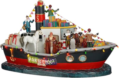Luville Sinterklaas Pakjesboot met LED Verlichting - Kerstversiering voor Miniatuurdorp - Guirlande met Lampjes - Kerstslingers voor Aankleding - L33 x B18 x H19 cm - Meerkleurig