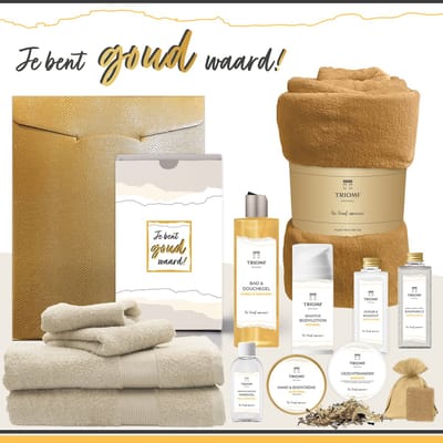 Geschenkset “Je Bent Goud Waard!” - 13 producten - 2000 gram | Triomf Original Geel - Giftset voor haar Cadeau Valentijnsdag Luxe wellness cadeaubox Vrouw Ik hou van jou Cadeaupakket Kerst Geschenk Moeder Verjaardag Gift Set Valentijn Vriendin Geel