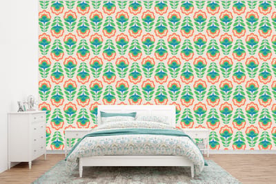 Behang - Fotobehang Retro - Bloemen - Design - Groen - Oranje - Breedte 320 cm x hoogte 240 cm