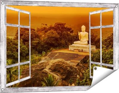 Gards Tuinposter Doorkijk Boeddha Beeld bij een Tempel in het Bos - 90x60 cm - Tuindoek - Tuindecoratie - Wanddecoratie buiten - Tuinschilderij
