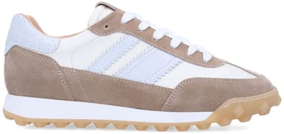 Manfield - Dames - Witte leren sneakers met taupe suède details - Maat 36