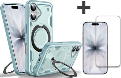 Hoesje Geschikt voor iPhone 17 met gehard glas Screenprotector - Armor hoes met Ringhouder - Arara backcover - Lake Blauw