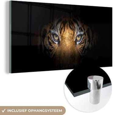 MuchoWow® Glasschilderij 40x20 cm - Schilderij acrylglas - Tijger - Oog - Dier - Foto op glas - Schilderijen