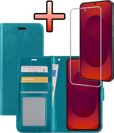Hoesje - Met Screenprotector - Geschikt voor Samsung Galaxy S25 FE - Luxe Pasjeshouder - Bookcase Portemonee - Flip Case - Kunstleer Book Case - Flipcase - Book Cover - Walletcase - Portemonneehoes - Turquoise
