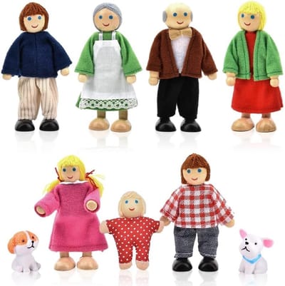 Houten Poppenhuis Figuren Set - 9 Delige Familie met 2 Honden - Buigzame Poppen voor Poppenhuis Accessoires