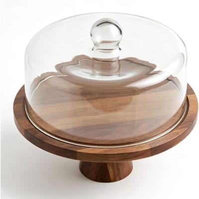 Support à Gâteau en Bois avec Couvercle de 23 cm de Diamètre Élégant Support à Gâteau avec Plateau en Verre pour Anniversaire Cuisine Marron Foncé Grand brun foncé