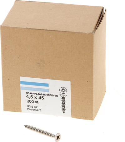 Hoenderdaal Spaanplaatschroef RVS platverzonken kop PZ2 voldraad 4.5X45 (per 200 stuks)