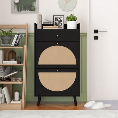 DESMIU Schoenenkast - Rattan Look Met 2 Deuren En 1 Lade - Voor Hal En Gang - Spaanplaat - 60,2x24x110,3 Cm - Zwart