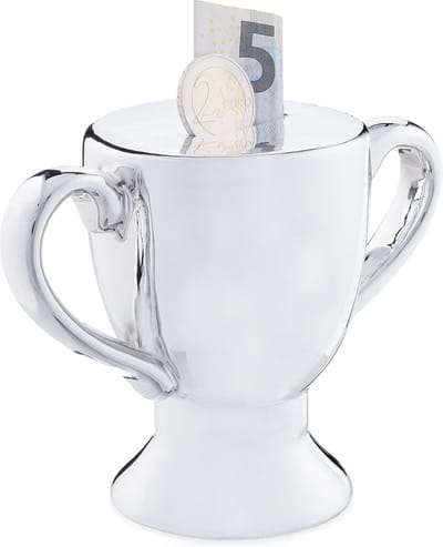 relaxdays Spaarpot trofee - spaarvarken zilver - beker - bokaal - keramiek - spaarpotje