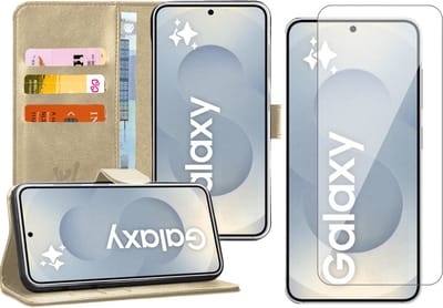 Hoesje geschikt voor Samsung Galaxy S25 - Screenprotector Glas - Portemonnee Book Case Goud