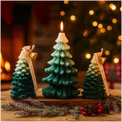 Set van 3 Kerstboom Kaarsen van MMOBIEL – Handgemaakte Soja Wax Geurkaarsen in Groot, Medium & Klein - Jeneverbes & Lavendel Geur – Kerstdecoratie voor Binnen - Cadeau Ideeën voor Kerst - Groen