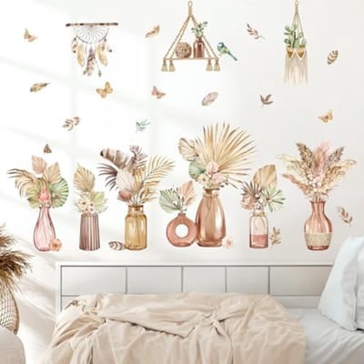 PromoHome Boho Palm Bladeren Muurstickers Set - Tropische Planten met Vlinders - Zelfklevende Muurdecoratie voor Woonkamer, Slaapkamer en Babykamer - 8 Stuks - 21x30 cm