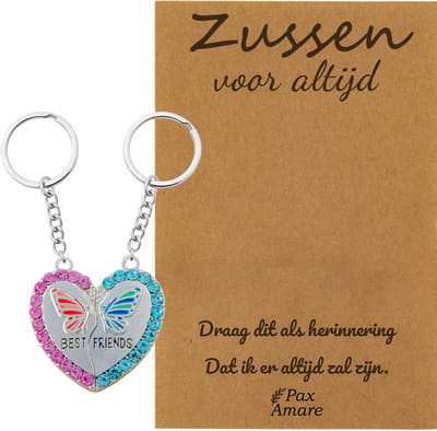 BFF Sleutelhanger voor 2 'Zussen voor altijd' - Magnetisch Hartje met Vlinder - Sleutelhanger set op Cadeau Kaartje Sleutelhanger set - Zilverkleurig - Vriendschap Symbool - Pax Amare