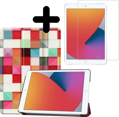 Hoesje - Geschikt voor Apple iPad 8 (2020) - 10.2 inch - 8e Generatie - Met Screenprotector - Hardcover Book Case - Trifold Bookcase Hoes - Hard Cover - Tablethoes - Blokken