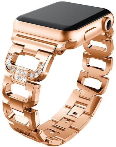 RVS bandje met glitterstenen - geschikt voor Apple Watch 1/2/3/4/5/6/7/8/9/10/11/ SE (1,2,3) met maat 38 mm / 40 mm / 41 mm en 42 mm (Watch 10/11) - stalen band met kliksluiting - rosegoud