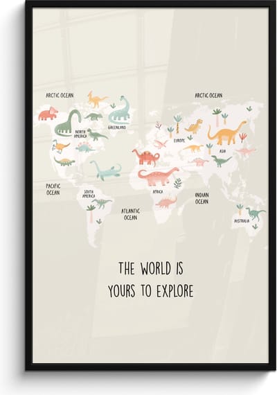 Poster in lijst - Fotolijst 80x120 cm - Posters - Wereldkaart - Dino - Kinderen - Dinosaurus - Posterlijst zwart - Kamer decoratie - Wanddecoratie kinderkamer - Muurdecoratie babykamer