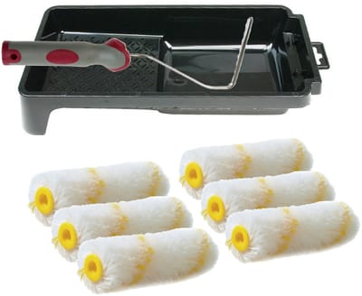 Veba pluisvrije verfrollers schilderen set - met beugel en verfbak - 6x anti spat vacht rollers - pluisvrij - breedte 10 cm x dikte 4 cm - wasbaar