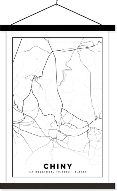 Posterhanger incl. Poster 40x60 cm - Schoolplaat - Zwart Wit – België – Plattegrond – Stadskaart – Kaart – Chiny - Textielposter - Zwarte latten - Stadskaart