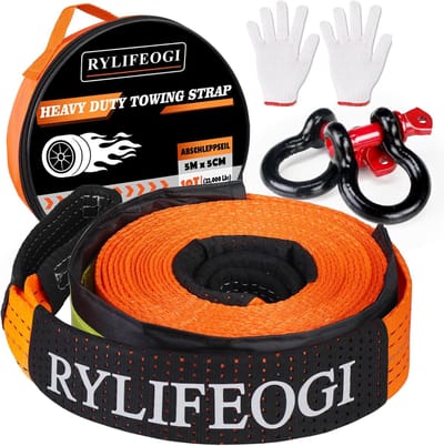 Thijox - Sleepkabel 10 Ton (22.000 lbs), 5m x 5cm Heavy Duty Sleeptouw met 2 Versterkte Haken en 2 Handschoenen voor Off-Road Noodgevallen, Oranje