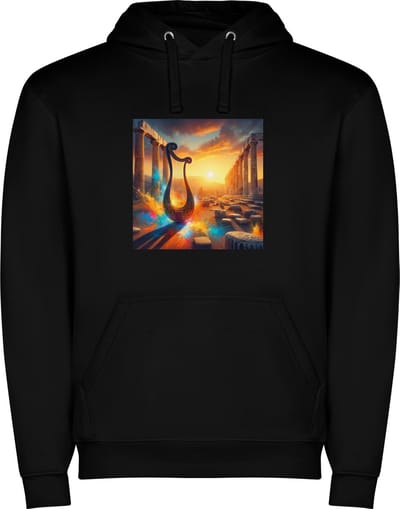 Zwarte unisex hoodie met “ Kleurrijke Harp – Grieks – Goden – Muziekinstrument “ Print Full Color merk Roly maat XL