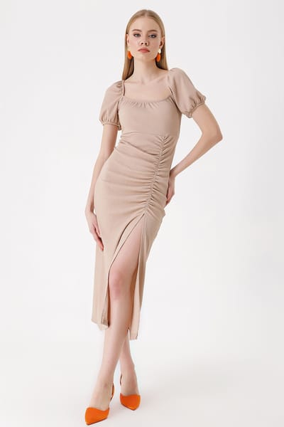 Textured Midi Brei Jurk met Vierkante Kraag