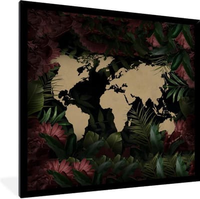 Poster in lijst - Fotolijst 40x40 cm - Posters - Wereldkaart - Bloemen - Roze - Posterlijst zwart - Decoratie - Wanddecoratie woonkamer - Muurdecoratie slaapkamer