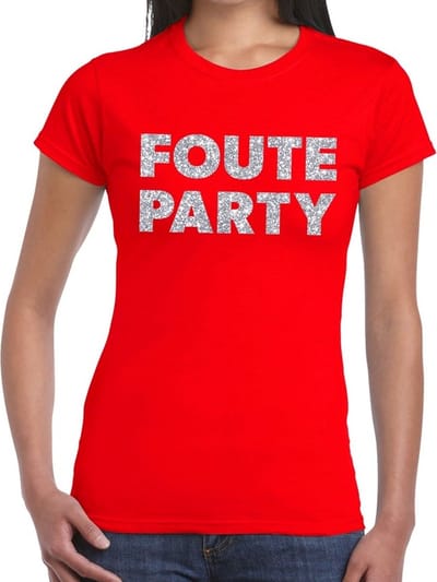 Foute Party verkleed t-shirt - zilveren glitter tekst - rood - voor dames - Party kleding XS