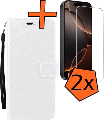 Hoes - Met 2x Screenprotector - Geschikt voor Apple iPhone 16 Pro - Luxe Pasjeshouder - Bookcase Portemonee - Flip Case - Kunstleer Book Case - Flipcase Hoes - Book Cover - Walletcase - PortemonneeHoes - Wit
