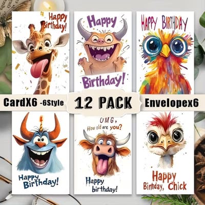6x Grappige Dieren Verjaardagskaarten Set met Enveloppen – Humoristische Happy Birthday Kaarten voor Kinderen en Volwassenen – Luxe Wenskaarten voor Familie, Vrienden, Collega’s en Feestcadeaus