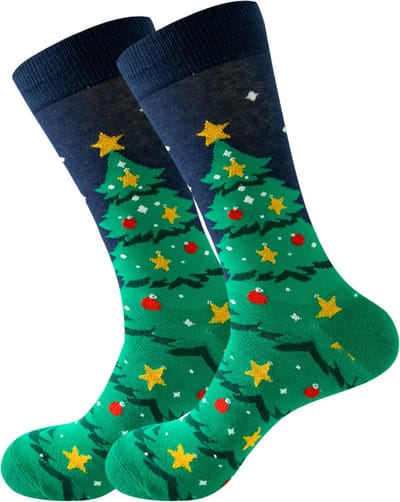 Kerstsokken met kerstboom met rode ballen en gouden sterren - Sokken heren/dames maat 40-45 - grappig design kerstcadeau