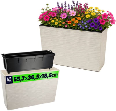 KADAX Bloembak van kunststof, 18,5 x 55,7 cm, 5 kleuren, bloempot met irrigatiebanden, balkonbak met inzetstuk, plantenbak voor buiten, bloembak (rechthoekig, ruitpatroon, crème)