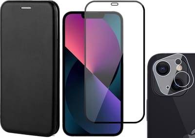 Hoesje geschikt voor iPhone 13 - Portemonnee Book Case - Zwart - Met Full Screenprotector en Camera Screen Protector