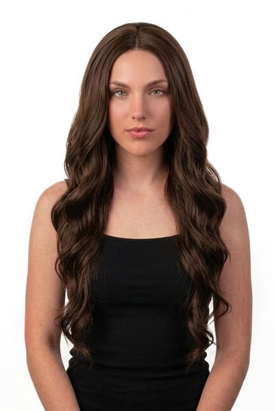 KIMU® Luxe Extra Lange Zeemeermin Donkerbruin Pruik - Middenscheiding Donkerbruine Mermaid Haarwerk Krullen Pony - Bruin Slag Gekruld Festival