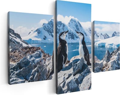 Artaza Canvas Schilderij Drieluik Twee Pinguïns op Stenen in Antarctica - 90x60 - Foto Op Canvas - Canvas Print