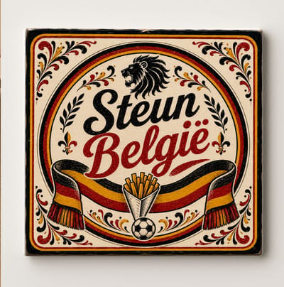 Steun België Decoratieve Keramische Tegel – Belgische Leeuw Sjaal en Frietjes Voetbal Design – Zwart Geel Rood Voetbal Wanddecoratie Tegel – Vaderlands Woondecoratie Cadeau