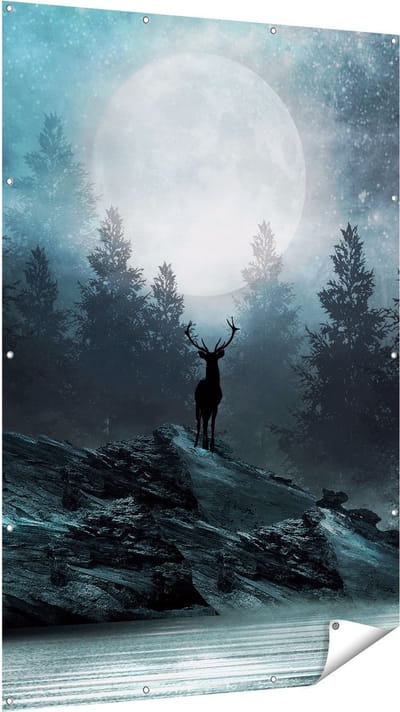 Gards Tuinposter Hert op een Rots tijdens Volle Maan - 120x180 cm - Tuindoek - Tuindecoratie - Wanddecoratie buiten - Tuinschilderij