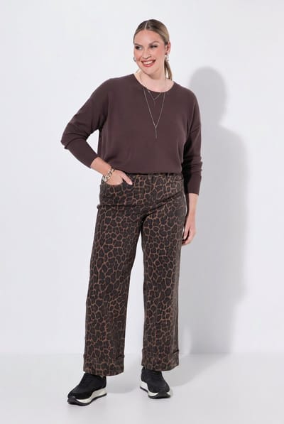 MIAMODA - Dames - Jeans wijde pijpen luipaardprint 5-pocket omgeslagen pijpen - Kaneelbruin - Maat 42