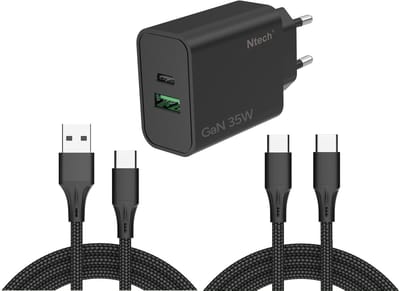 Ntech - USB C Adapter 35W - USB C Oplader Zwart - USB C Adapter 35W & USB-A 30W met 2x USB C kabel - 2 Poorten voor - USB C Lader - Universeel o.a. Telefoons & Laptops