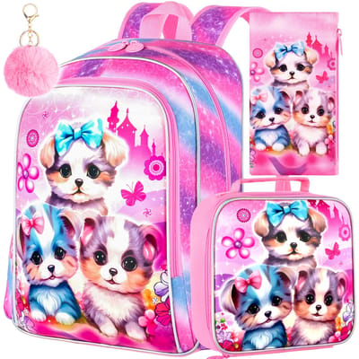 3 STUKS Rugzakken voor Meisjes, 16  Basisschool Kinderen Schattige Hond Rugzak Kleuterschool School Rugzakken en Lunchbox pink